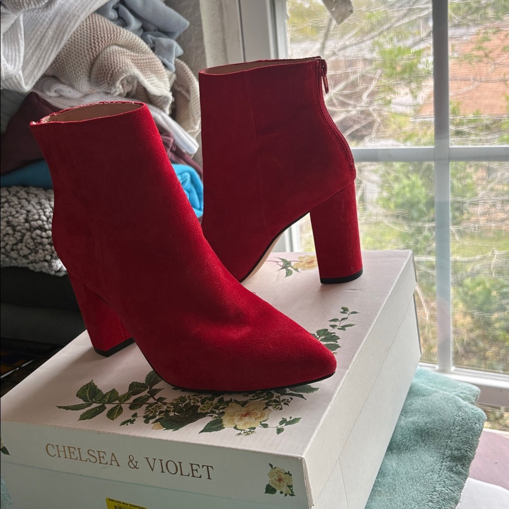 Chelsea & Violet Red Suede Ankle Booties with Block Heel
